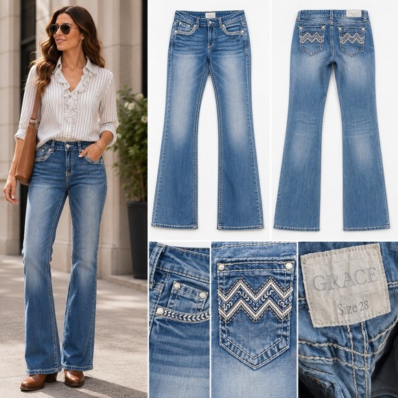 Grace in LA Denim - Flare Y2K Jeans Women Size 28 Blue Thick Stitch Low Rise Embroidered